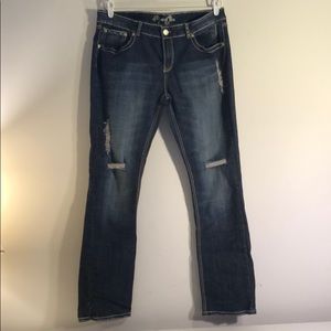 Request dark denim wash jeans with embellishments
